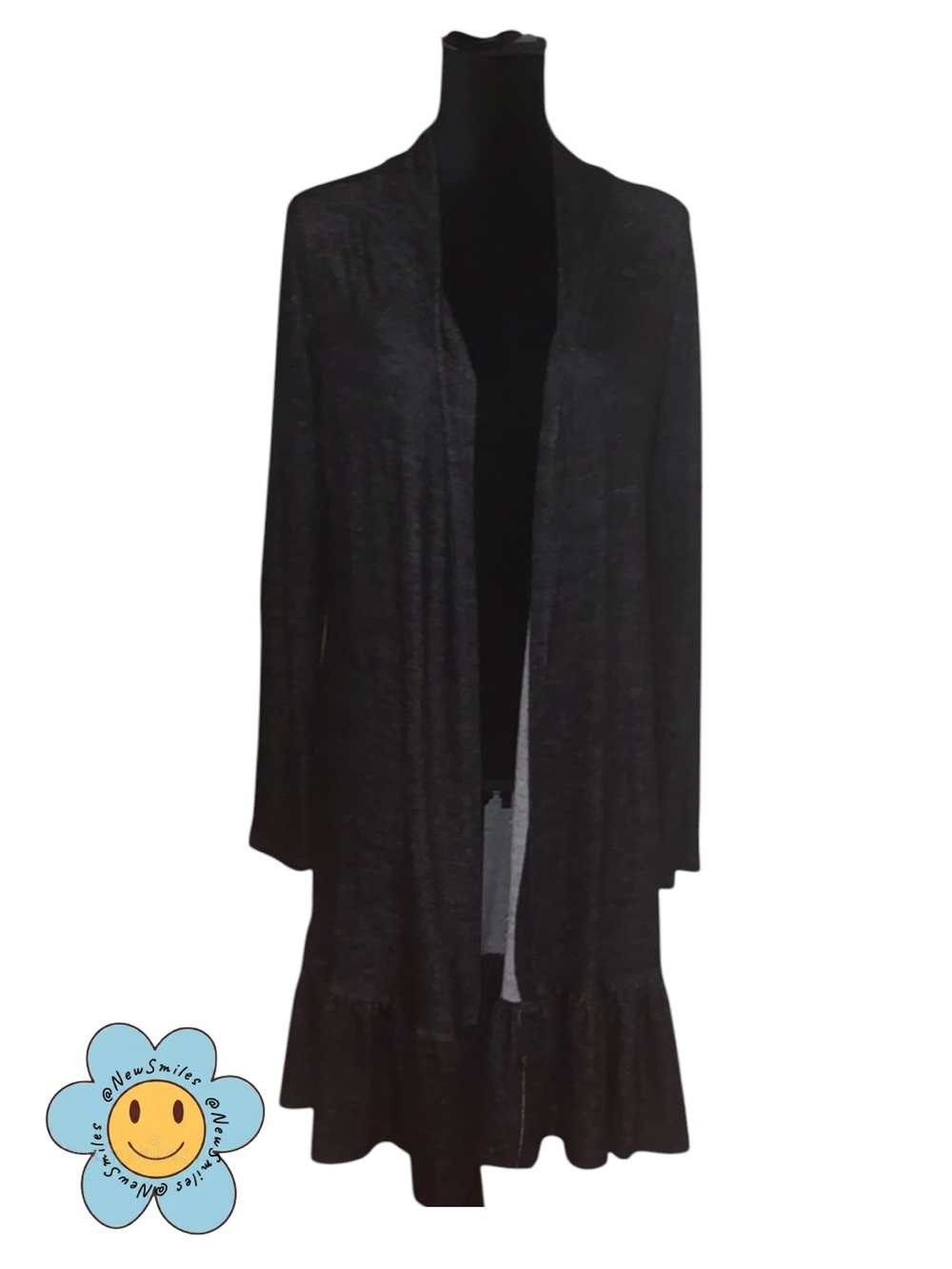 Edista ~ Long Sweater/Cardigan/Jacket ~ Charcoal ~ Open-Front ~ Ruffle-Hem